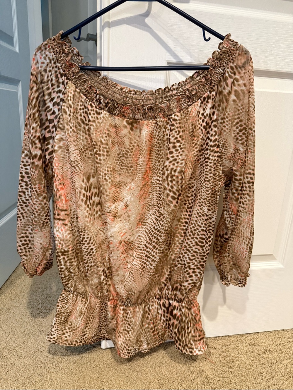 Dana Buchman Off-Shoulder Animal Print Blouse in Brown and Coral Accents